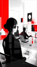 A woman with headphones focused on her work in a stylish modern grayscale and red setting,
