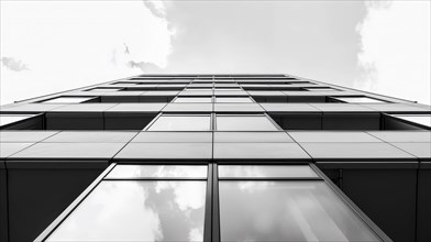 Greyscale image of a skyscraper's glass facade with a cloud reflected in it, AI generated