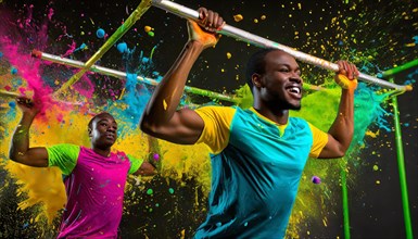 Dynamic shot of athletes mid-action, covered in vibrant, colorful powder, AI generated