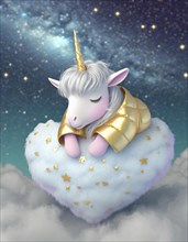 Illustrated unicorn with a golden mane sleeps on a cloud amidst a starry night sky, AI generated