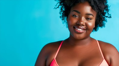 A plus size black afro-american bikini model with curly hair is smiling and wearing a bikini top.