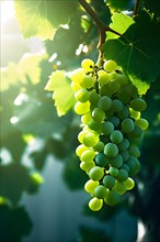 AI generated ripe grapes clinging to a vine sunlight dancing through the leaves accentuating their