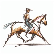 Abstract sketch of a horse and rider in dynamic lines and earth tones, AI generated