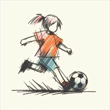 A sketch captures a young girl actively playing soccer in a pink shirt and movement lines, AI