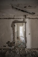 Abandoned destroyed flat with rubble ghost town, Engilchek, Tian Shan, Kyrgyzstan, Asia