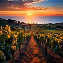 AI generated panoramic view of a coastal vineyard with ocean in the background in ambient light