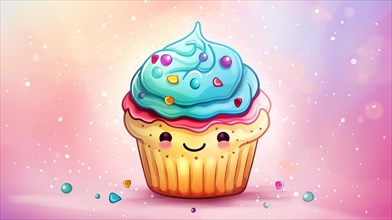 Smiling cartoon cupcake with vibrant blue frosting and colorful sprinkles on a pink background, AI