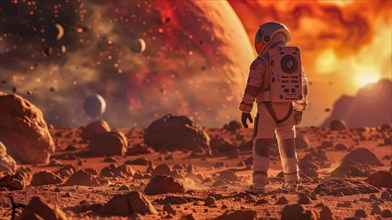 An astronaut stands on an alien planet, looking at a red and turbulent sky, AI generated