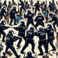 Artistic rendition of a chaotic protest with police in riot gear in dark tones, AI generated