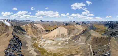 Aerial view, road with serpentines, mountain pass in Tien Shan, Chong Ashuu Pass, Kyrgyzstan, Issyk