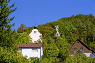 Good Shepherd statue, huts, Schmiechtal, Swabian Alb, Upper Swabia, Swabia, Baden-Wuerttemberg,
