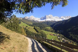 Cosy hiking trail along a fence with a view of the mountains on a clear day, Italy, Alto Adige,