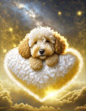 Adorable fluffy puppy lounging on a heart-shaped cloud in a whimsical starlit sky, AI generated
