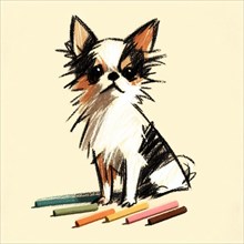 Charming sketch of a small dog next to colored pencils with a cute expression, AI generated
