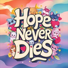 Colorful and inspirational artwork with 'Hope Never Dies' surrounded by cute animals and decorative