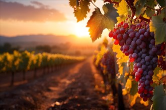AI generated sunrise over a lush vineyard during fall with grapes glistening in the sun