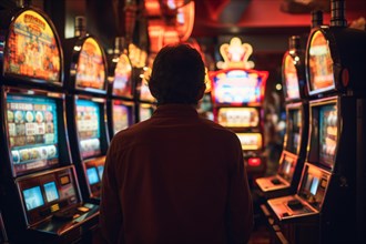 Man in casino with colorful slot machines. KI generiert, generiert, AI generated