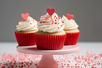 Cupcakes with sugar sprinkles, frosting and red hearts on cake stand. KI generiert, generiert, AI