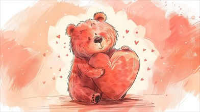 A heartfelt sketch of a bear tenderly embracing a large red heart with texture, AI generated