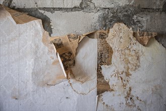 Old newspapers on the wall from the USSR, Abandoned ruins, Ghost town Enilchek in the Tien Shan