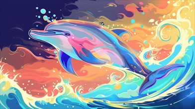 Dreamy and vivid illustration of a dolphin with abstract swirling waves, AI generated