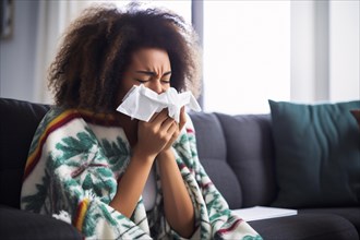 Black woman with cold sneezing into paper tissue. KI generiert, generiert, AI generated
