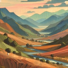 Artistic illustration of a tranquil valley bathed in the warm hues of a sunset, featuring rolling