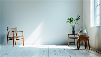 Serene interior with a single chair and plant by the window, sunlight casting shadows on wooden
