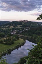 Landscape in the Little Odenwald, view of the village of Dilsberg and the Dilsberg castle fortress
