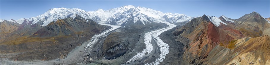 Aerial view, panorama, high mountain landscape with glacier moraines and glacier tongues, glaciated