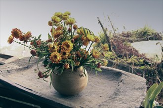 A rustic vase with yellow flowers on an old table outdoors during a cold foggy spring morning
