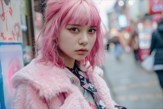 Young Asian woman with pink dyed hair and bold street fashion clothing in city street. KI