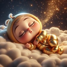 A sleeping baby in an astronaut costume nestled in fluffy clouds with stars above, AI generated
