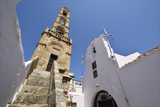 Panagia Church, Church of St Mary, Old white church with a bell tower under a clear blue sky,