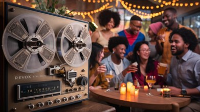 Group of friends enjoying a social event with a vintage reel-to-reel tape recorder playing, AI