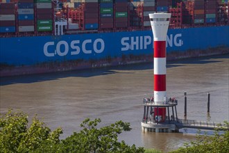 Cosco container ship and lighthouse on the Elbe, Blankenese district, Hamburg, Germany, Europe