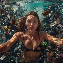 Woman under water, surrounded by a sea of plastic bottles and rubbish, AI generated