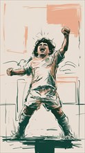 Sketch of an exuberant soccer player celebrating a win with intense energy, AI generated