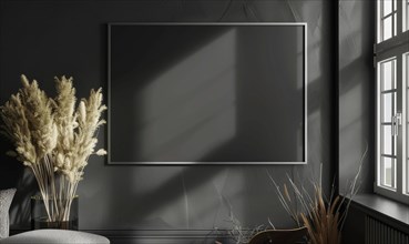 A blank image frame mockup on a deep charcoal gray wall AI generated