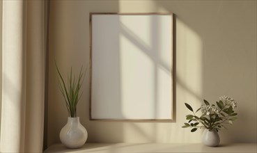 A blank image frame mockup on a soft taupe wall in a minimalistic modern interior room AI generated