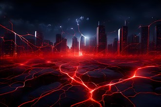 Ai generated conceptual illustration of a neuronal network with city skyline in the background in