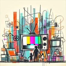 Abstract sketch of a family watching TV in a stylized colorful living room, AI generated