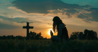 Devout faithful christian prays in front of the cross at a dramatic sunset with beautiful skies, AI