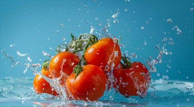 Fresh tomatoes floating in water. A concept of vegetarian lifestyle and vegetarian diet, AI