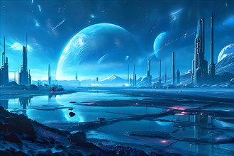 AI generated industrial futuristic landscape merging with ecopunk aesthetics in blue colors
