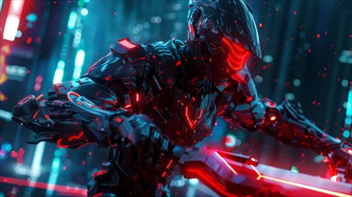 A sci-fi warrior in an armored suit with dynamic red and blue lighting, AI generated