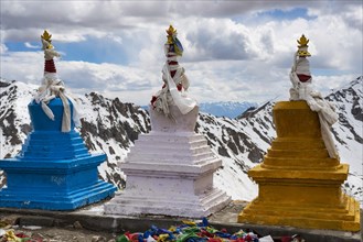 Choerten group on the Khardong Pass, second highest motorable pass in the world, Ladakh, Indian