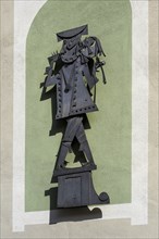 Metal figure at the town theatre, Kaufbeuern, Allgaeu, Swabia, Bavaria, Germany, Europe
