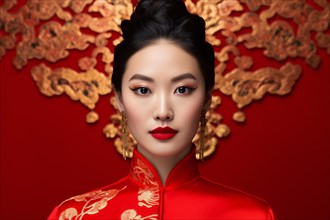 Chinese woman in red traditional garment. KI generiert, generiert, AI generated
