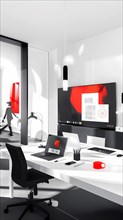 A modern office in grayscale with bold red accents, featuring computers and creative decor,